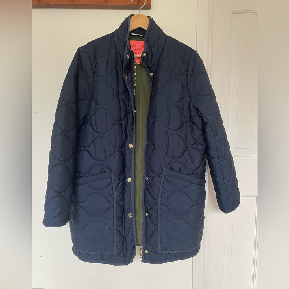 J Crew Signature Lightweight Puffer Women Large Navy with Gold Hardware, Coccoon